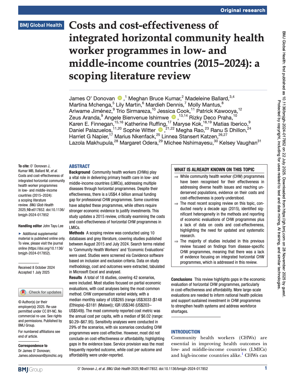 COSTS AND COST-EFFECTIVENESS OF INTEGRATED HORIZONTAL COMMUNITY HEALTH WORKER PROGRAMMES IN LOW- AND MIDDLE-INCOME COUNTRIES (2015-2024): A SCOPING LITERATURE REVIEW