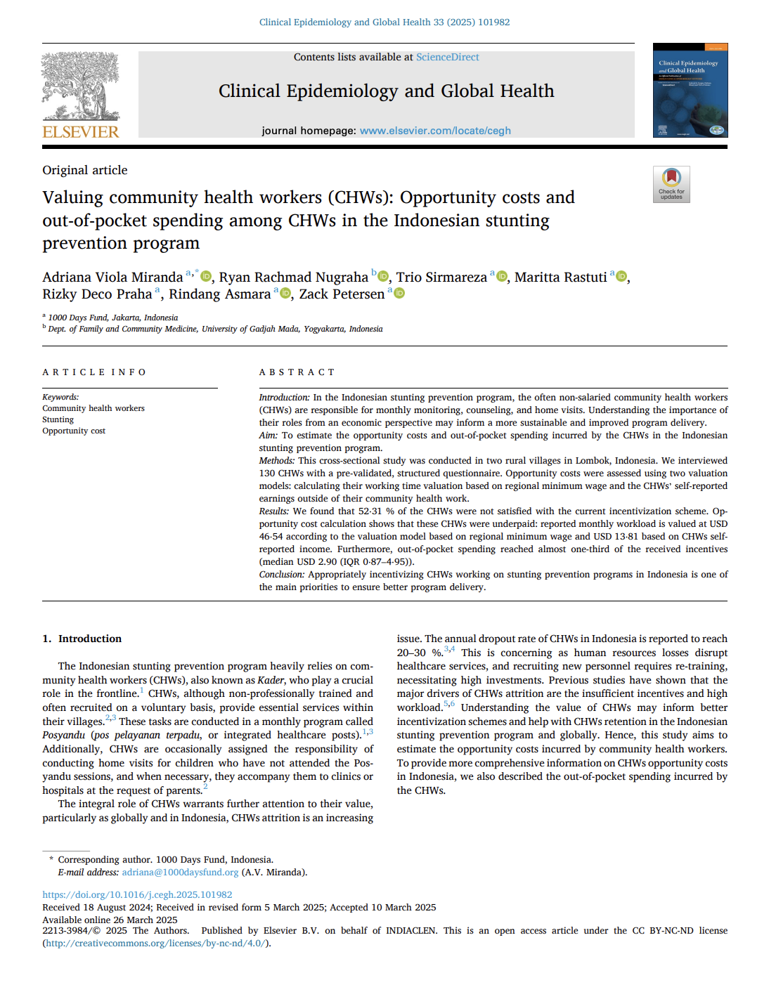 VALUING COMMUNITY HEALTH WORKERS (CHWS): OPPORTUNITY COSTS AND OUT-OF-POCKET SPENDING AMONG CHWS IN THE INDONESIAN STUNTING PREVENTION PROGRAM